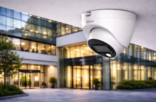 Cámara de seguridad con bocinas en oficina