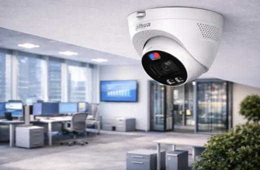 Cámara de seguridad con bocinas en oficina