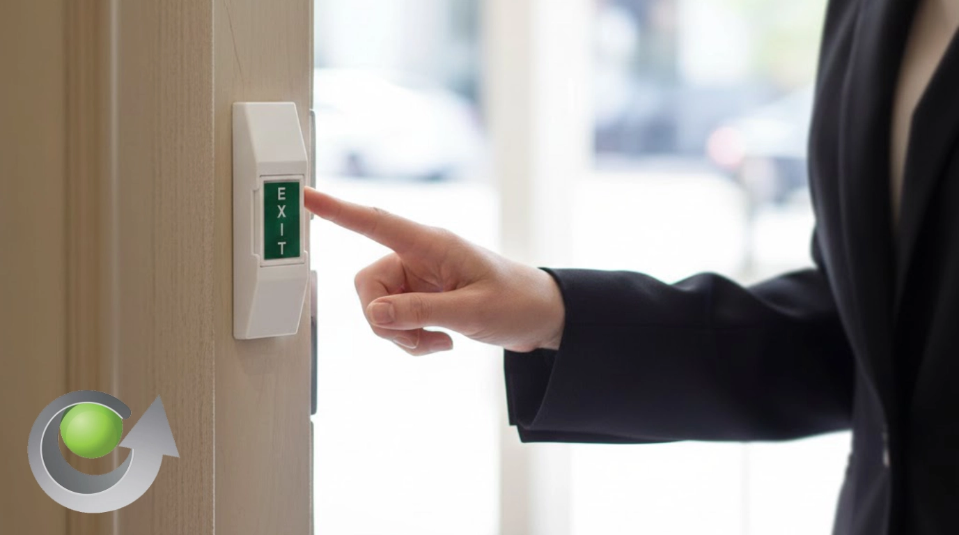 vista del boton de salida SP-BOT-PLEXIT instalado en puerta