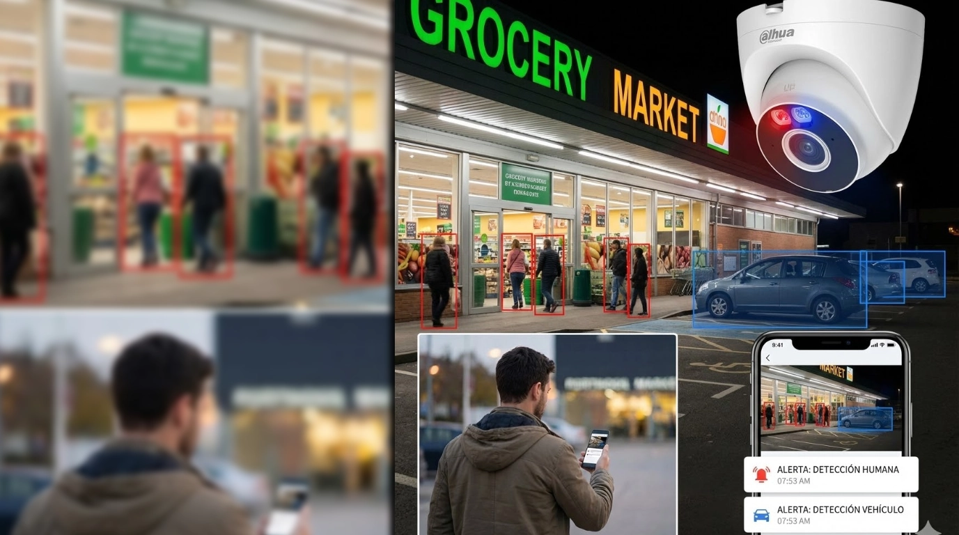 camara colocada en un local detectando vehiculos y personas