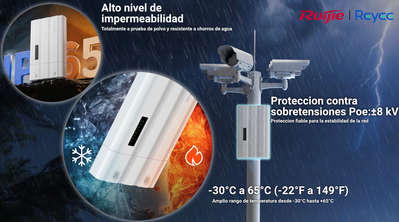 vista del conmutador RG-ES207GS-AC-OD instalado con lluvia