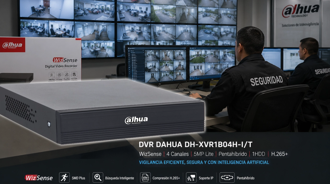 Vista del DVR DH-XVR1B04H-I/T en sala de videovigilancia