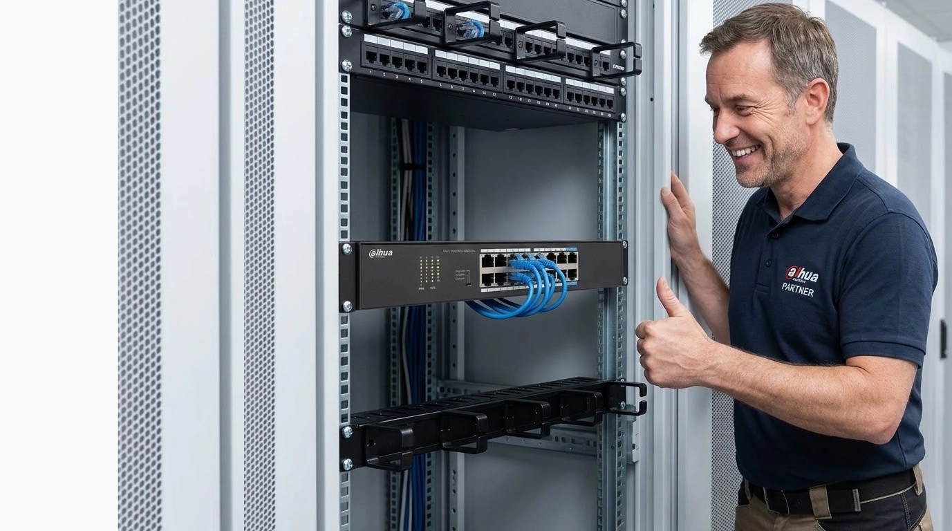 vista de un tecnico instalando facil el switch DH-S3016-16GT