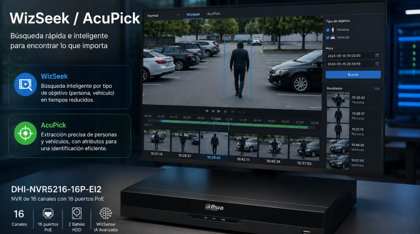 vista del nvr DHI-NVR5216-16P-EI2 con tecnologia wizseek