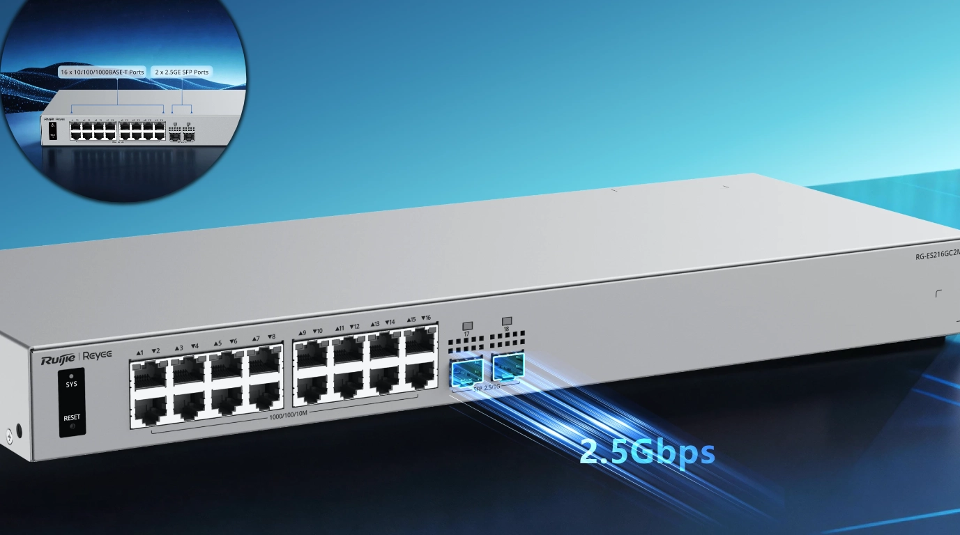 Vista del switch RG-ES216GC2MS con puertos 2.5Gbps