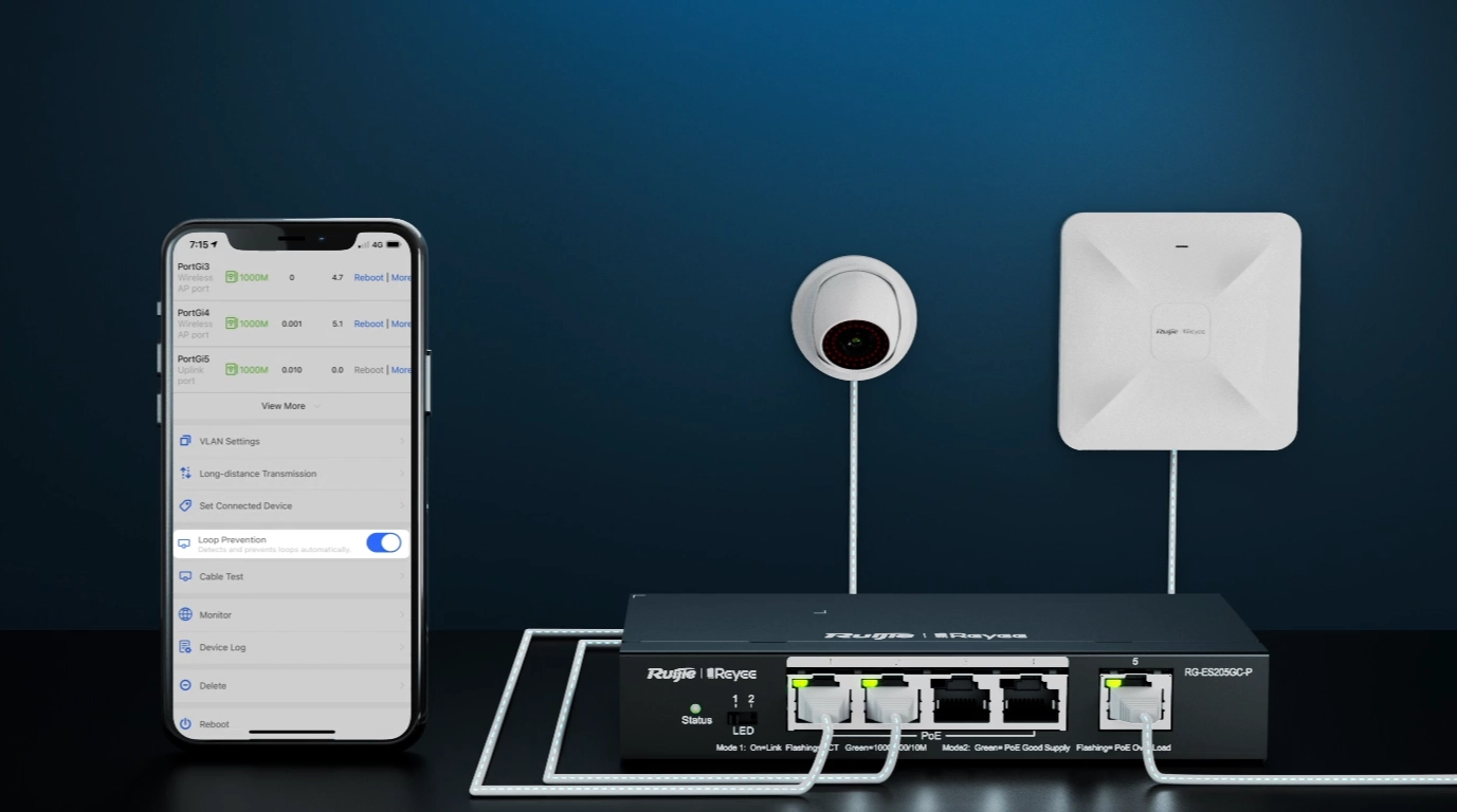 vista del switch ruijie RG-ES220GS-LP conectado a camara