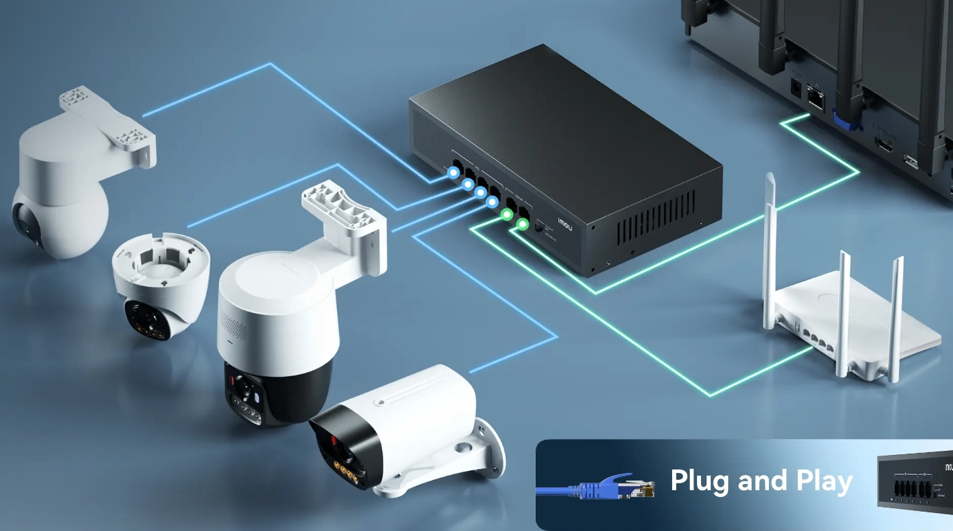 vista del switch SF106P-45-IMOU conectado a camaras y router