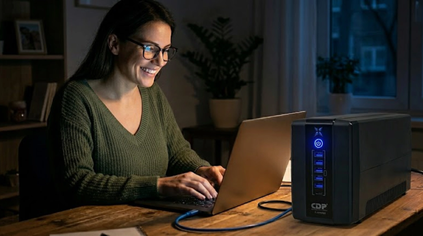 una mujer trabajando en casa con el ups R-UPR1008